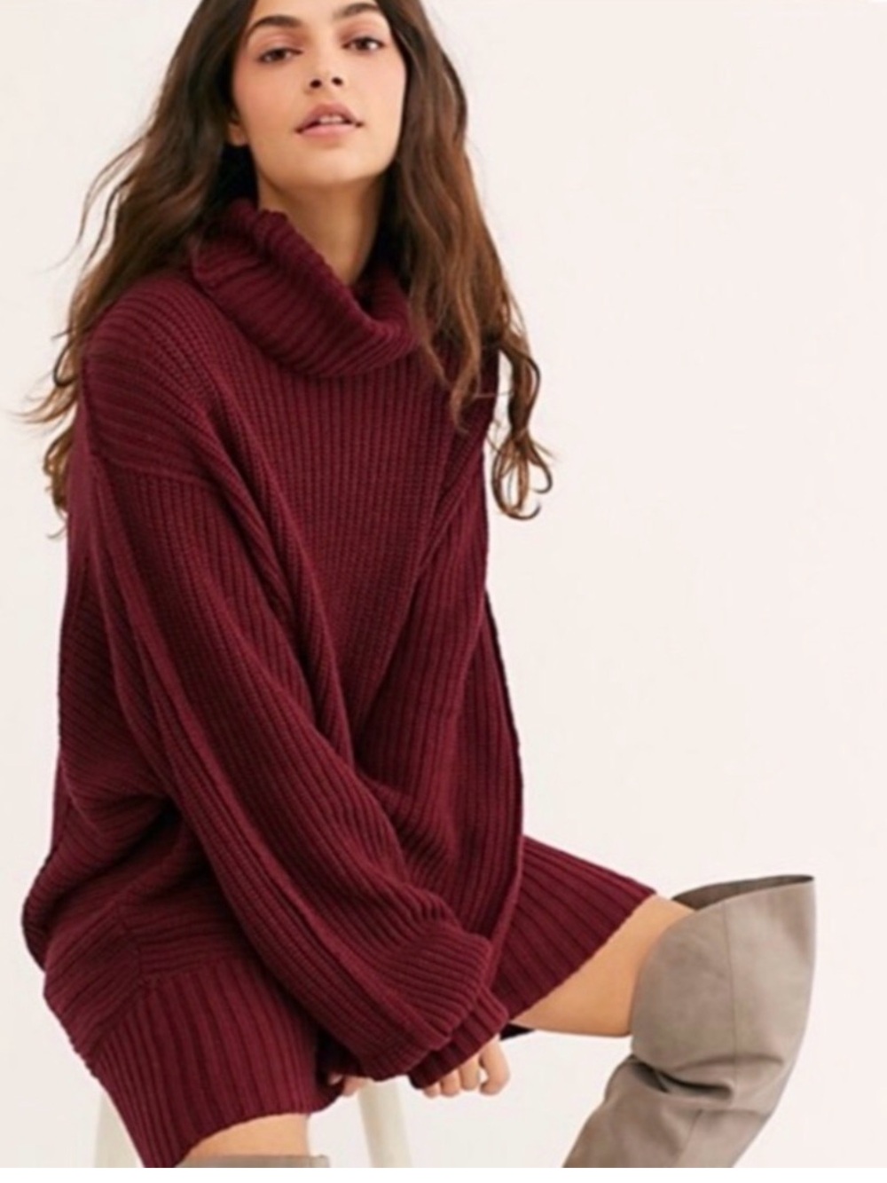 Free People Oversized Turtleneck Sweater Dress - Burgundy